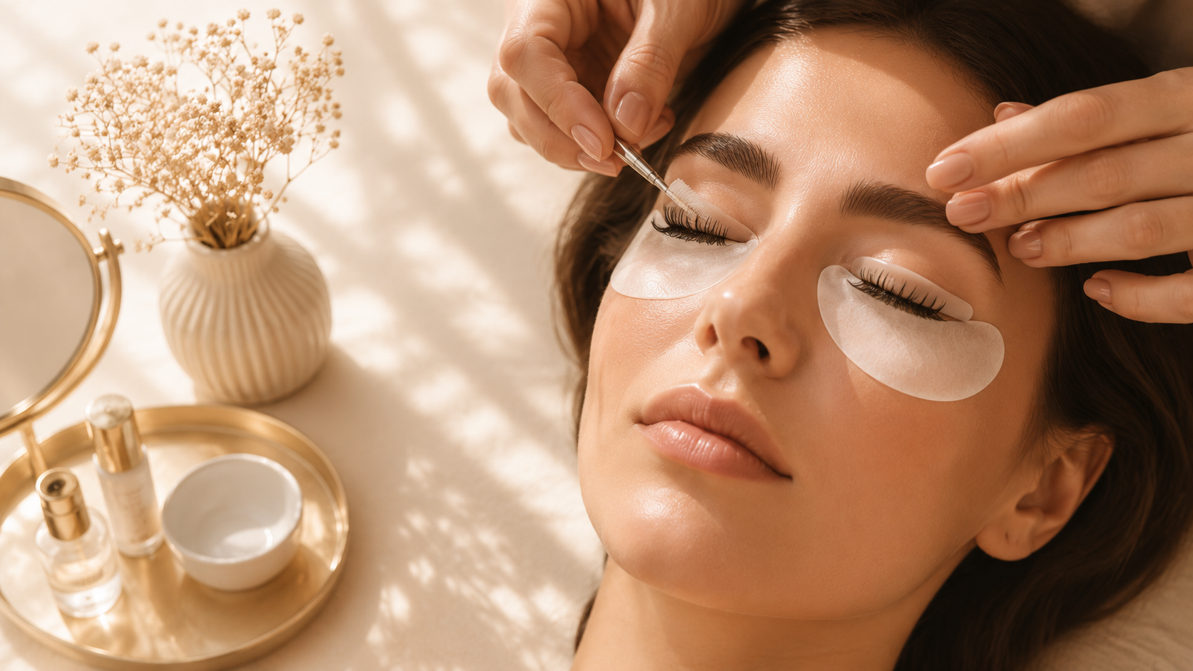 Tratamiento de lifting de pestañas — clienta recostada con parches bajo los ojos
